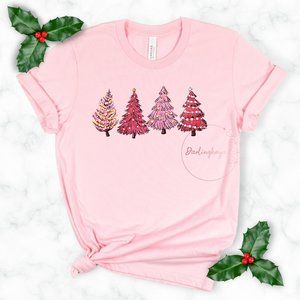 Pink Christmas Trees Unisex Graphic Crew Neck Short Sleeve T-shirt